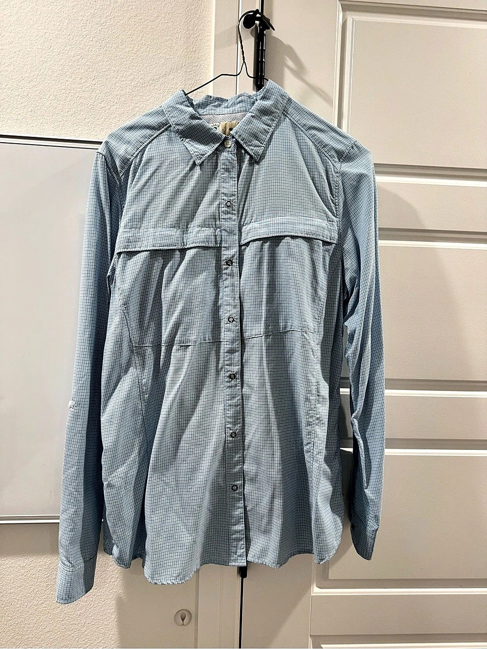 ExOfficio Women's Checkered Button Down Blue & White Large INSECT SHIELD